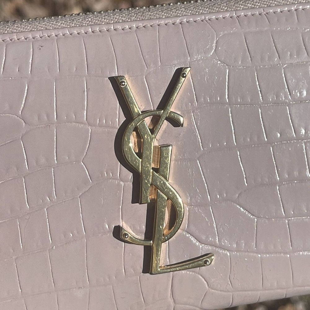 Auth Saint Laurent Round Zipper Long Wallet Croco Embossed YSL Logo Gold - Picture 4 of 12